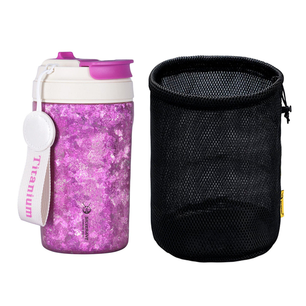 SilverAnt Ultralight Crystallized Titanium Insulated Travel Coffee Mug with Lid 400ml/14 fl oz Bold Purple - With black drawstring mesh bag included with purchase