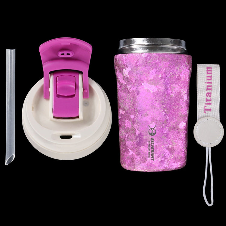 
                  
                    SilverAnt Ultralight Crystallized Titanium Insulated Travel Coffee Mug with Lid 400ml/14 fl oz Bold Purple - All parts laid down on black background, top aerial view
                  
                