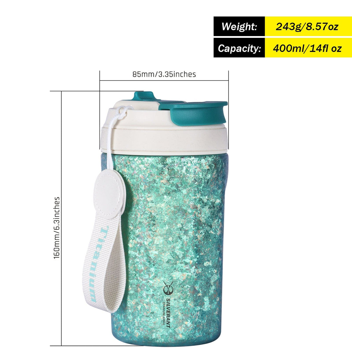 SilverAnt Ultralight Crystallized Titanium Insulated Travel Coffee Mug with Lid 400ml/14 fl oz Light Green - Weight, dimensions, and capacity