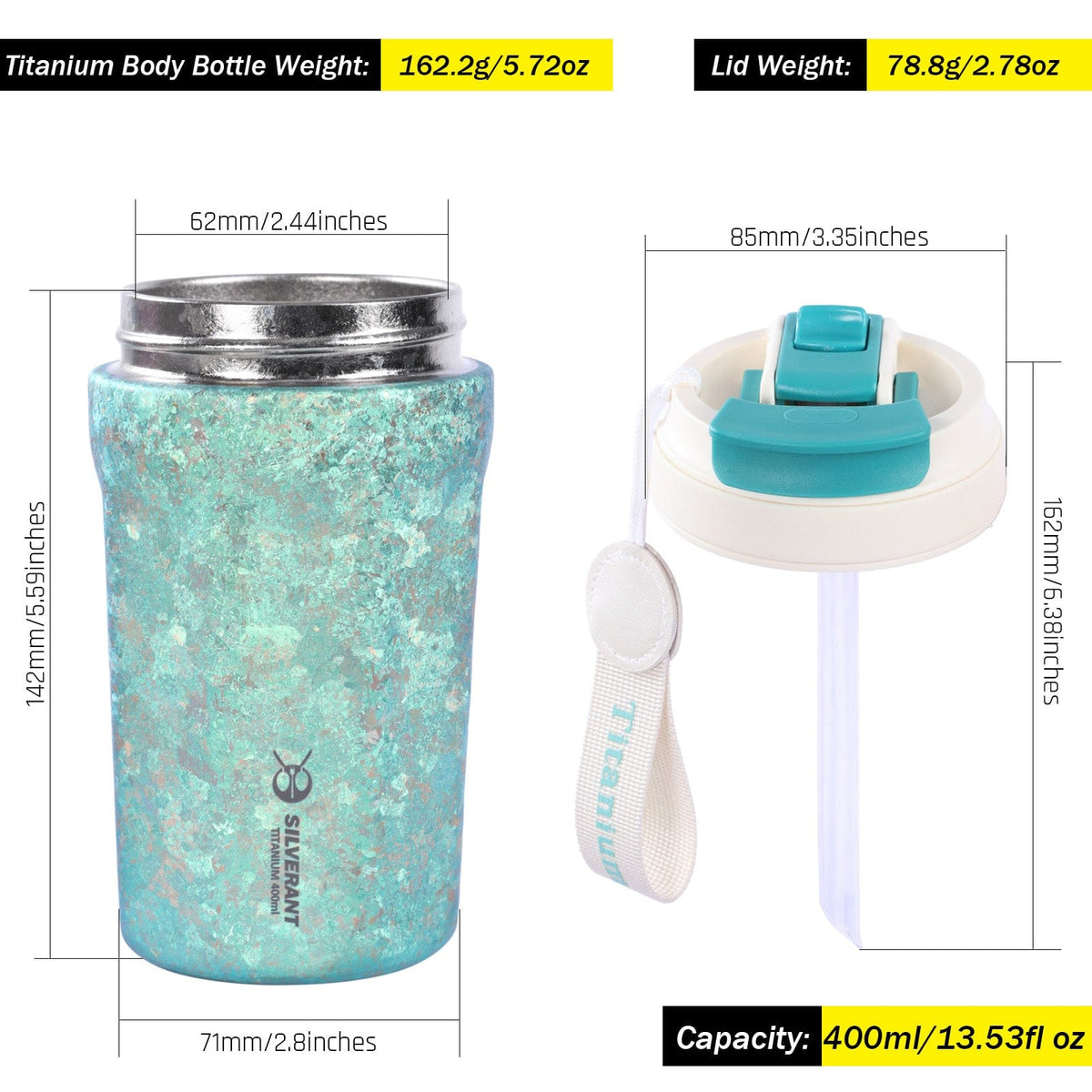 SilverAnt Ultralight Crystallized Titanium Insulated Travel Coffee Mug with Lid 400ml/14 fl oz Light Green - Separate weight and dimensions of top and bottom parts