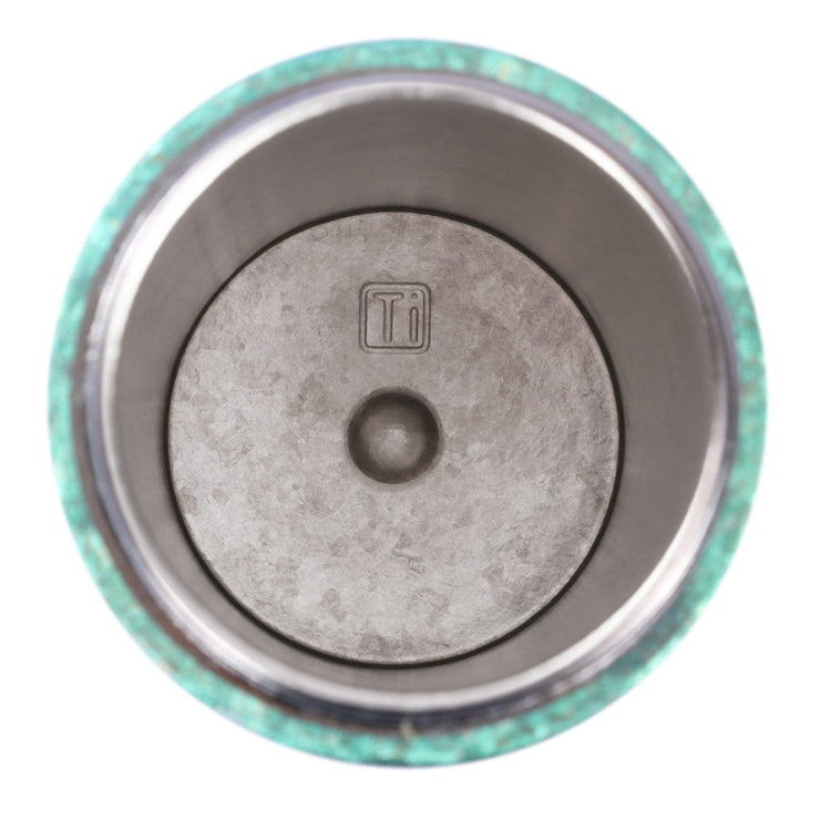 
                  
                    SilverAnt Ultralight Crystallized Titanium Insulated Travel Coffee Mug with Lid 400ml/14 fl oz Light Green - Top view, looking into the inside of the mug, showing Titanium marking
                  
                