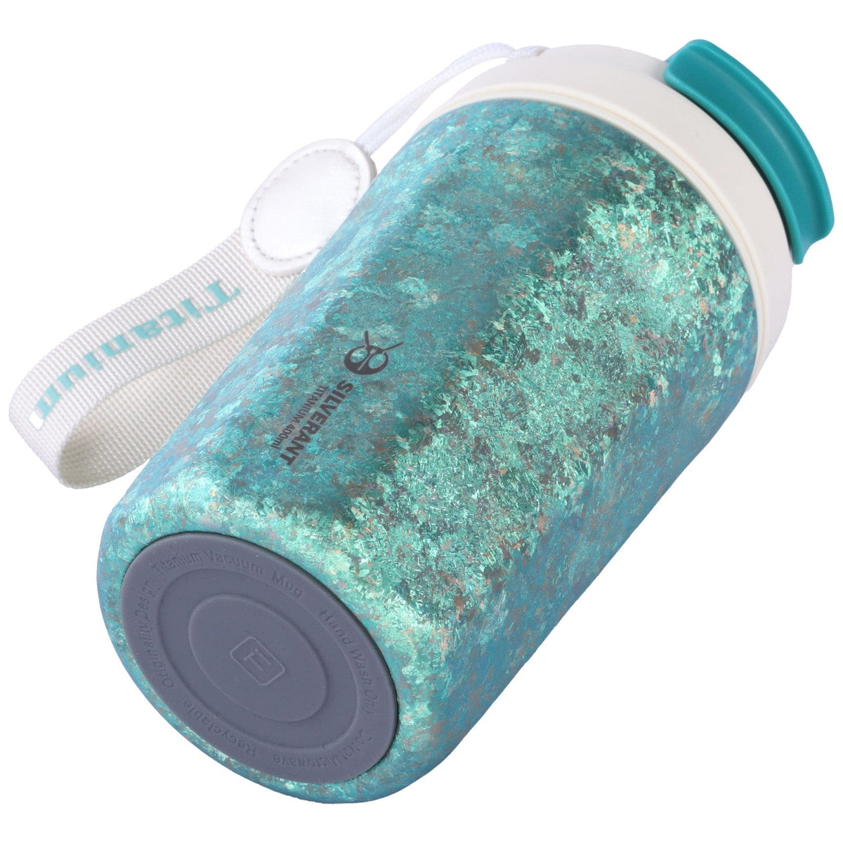 SilverAnt Ultralight Crystallized Titanium Insulated Travel Coffee Mug with Lid 400ml/14 fl oz Light Green - Laid on its side, bottom shown
