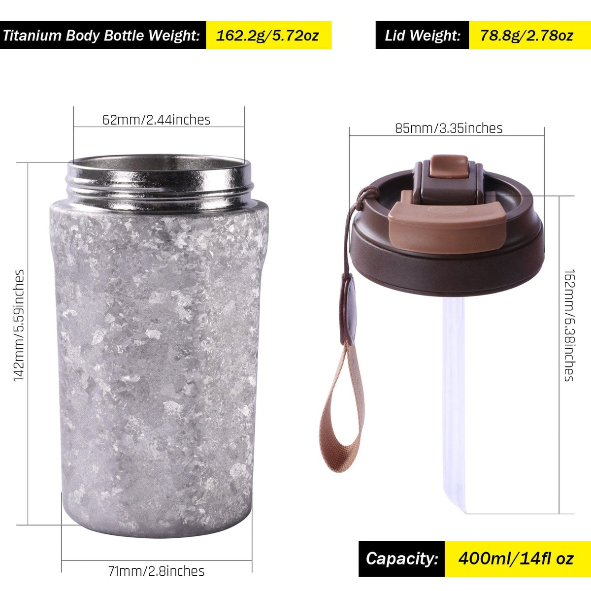 SilverAnt Ultralight Crystallized Titanium Insulated Travel Coffee Mug with Lid 400ml/14 fl oz Classic Silver - Separate weight and dimensions of top and bottom parts