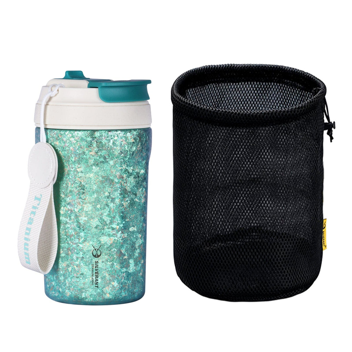 SilverAnt Ultralight Crystallized Titanium Insulated Travel Coffee Mug with Lid 400ml/14 fl oz Light Green - With black drawstring mesh bag included with purchase