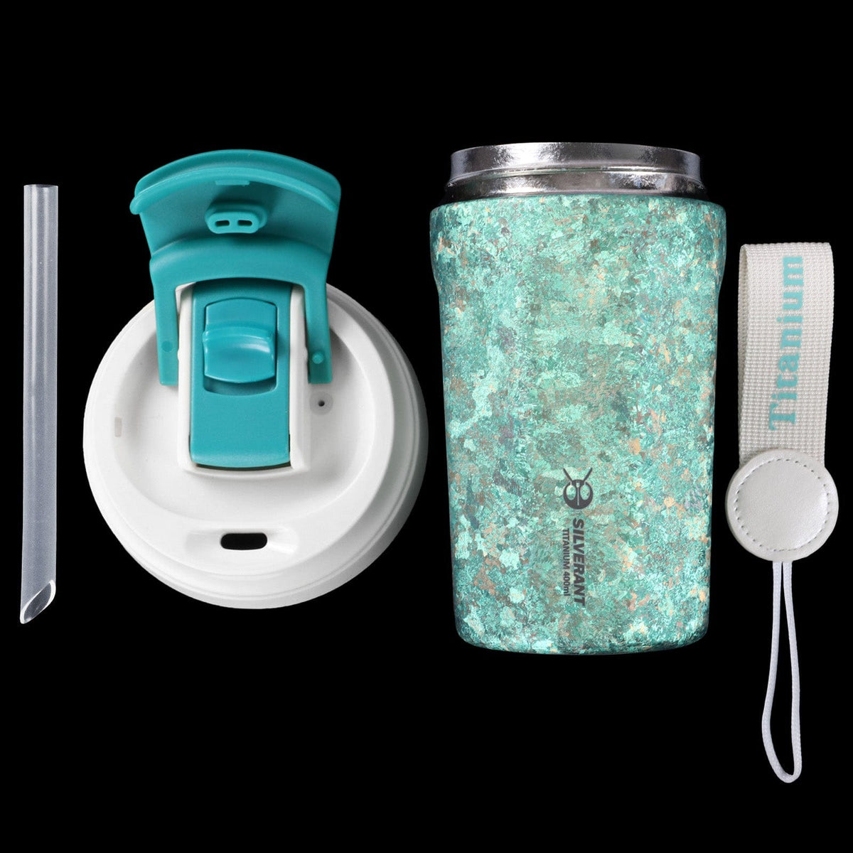 SilverAnt Ultralight Crystallized Titanium Insulated Travel Coffee Mug with Lid 400ml/14 fl oz Light Green - All parts laid down on black background, top aerial view