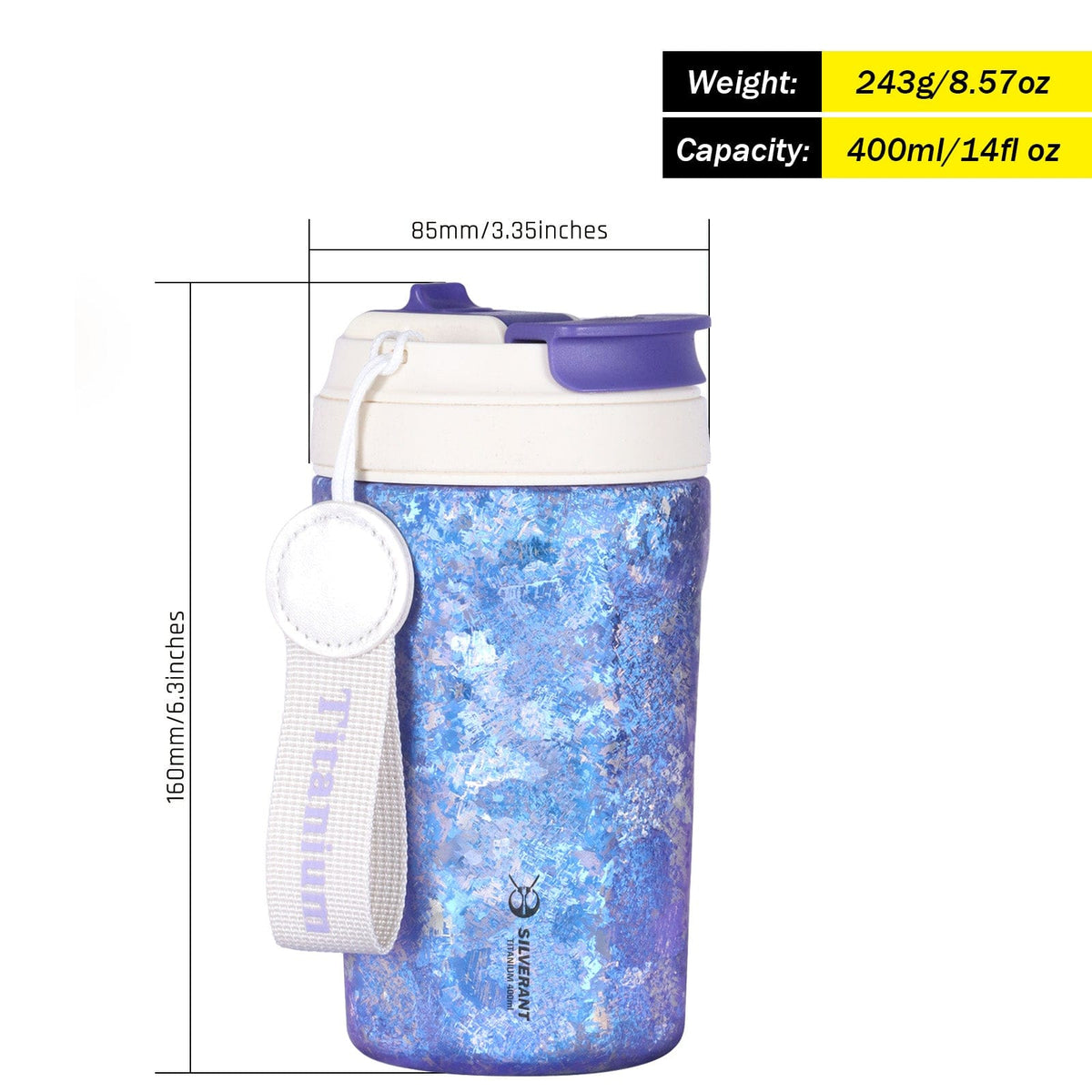 SilverAnt Ultralight Crystallized Titanium Insulated Travel Coffee Mug with Lid 400ml/14 fl oz Ocean Blue - Weight, dimensions, and capacity