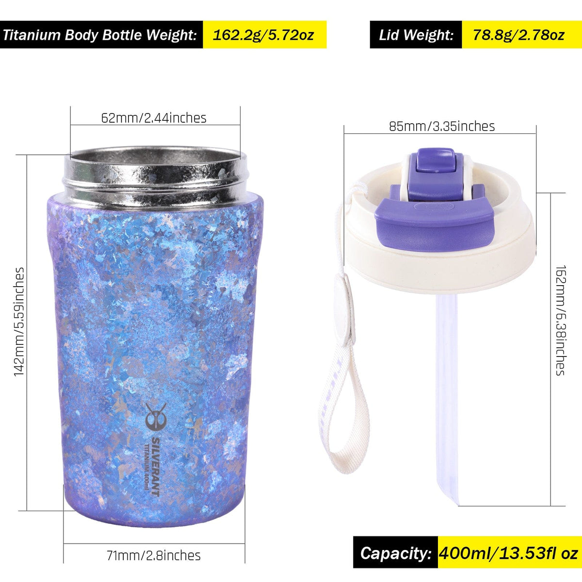 SilverAnt Ultralight Crystallized Titanium Insulated Travel Coffee Mug with Lid 400ml/14 fl oz Ocean Blue - Separate weight of top and bottom parts