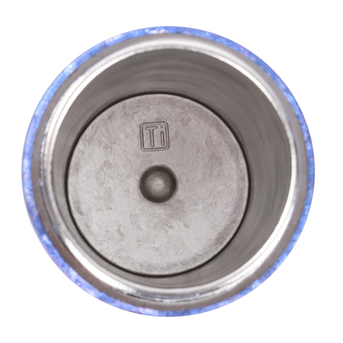 SilverAnt Ultralight Crystallized Titanium Insulated Travel Coffee Mug with Lid 400ml/14 fl oz Ocean Blue - Top angle view, showing inside of mug, Titanium marking on inner bottom