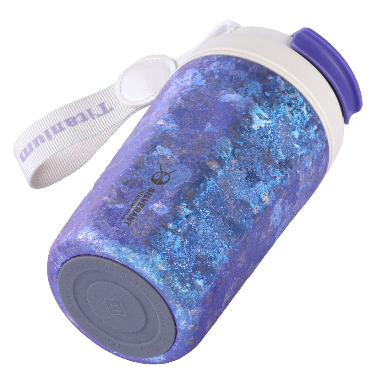 SilverAnt Ultralight Crystallized Titanium Insulated Travel Coffee Mug with Lid 400ml/14 fl oz Ocean Blue - Laid down its side, showing bottom
