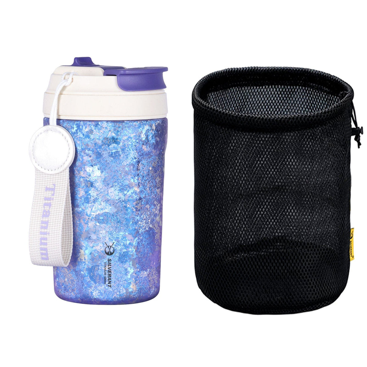 SilverAnt Ultralight Crystallized Titanium Insulated Travel Coffee Mug with Lid 400ml/14 fl oz Ocean Blue - With balck drawstring mesh bag included with purchase
