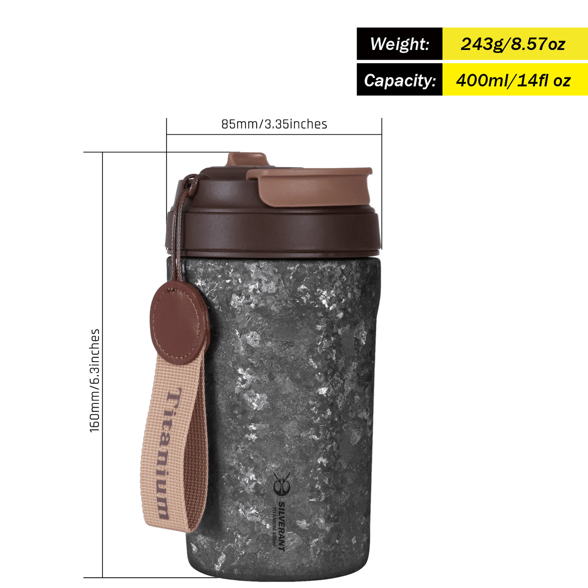 SilverAnt Ultralight Crystallized Titanium Insulated Travel Coffee Mug with Lid 400ml/14 fl oz Black Crystallized - With weight, dimensions, and capacity