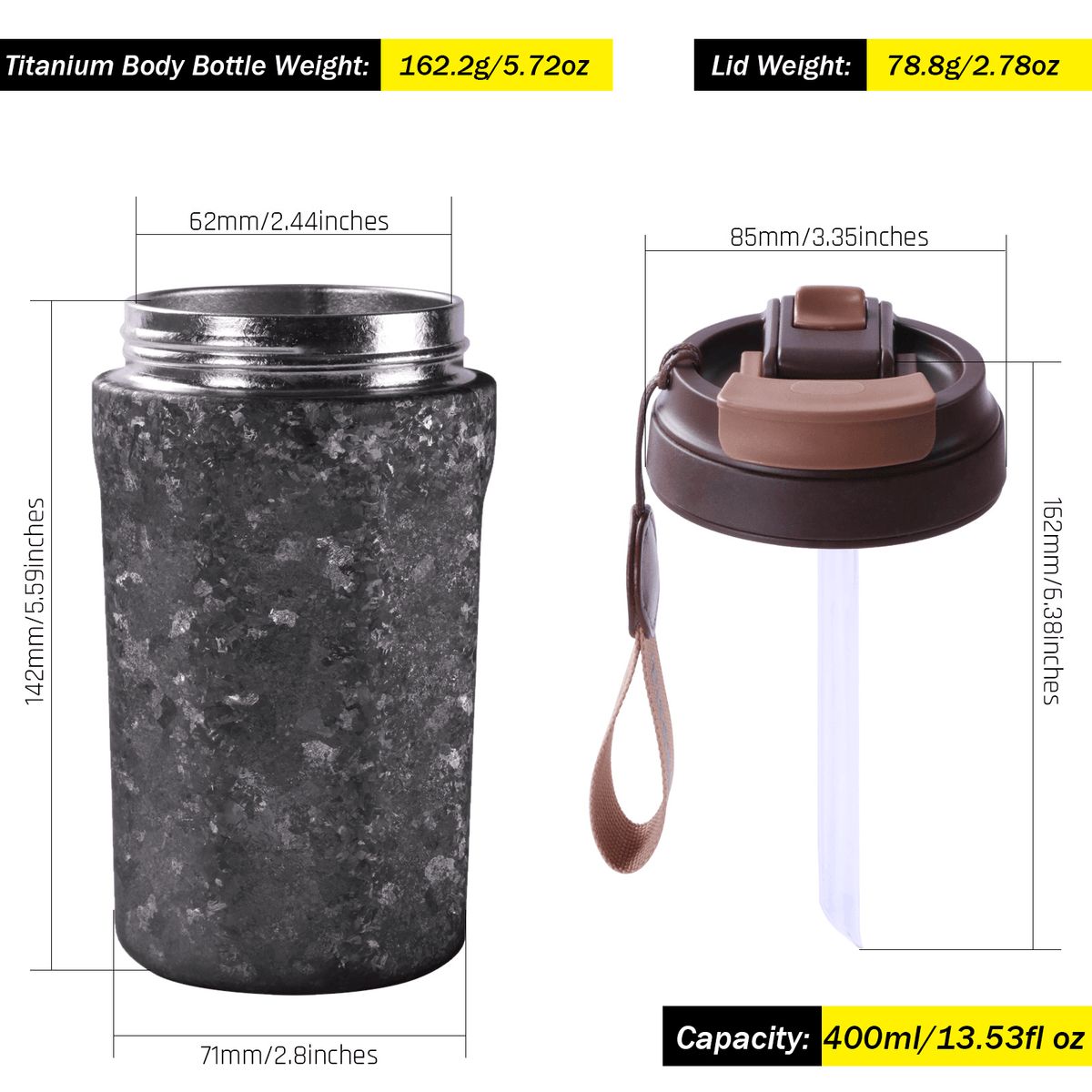 SilverAnt Ultralight Crystallized Titanium Insulated Travel Coffee Mug with Lid 400ml/14 fl oz Black Crystallized - Separate weight and dimensions of top and bottom parts