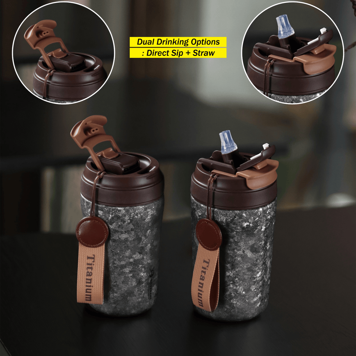SilverAnt Ultralight Crystallized Titanium Insulated Travel Coffee Mug with Lid 400ml/14 fl oz Black Crystallized - Showing both drinking options (direct sip and straw)