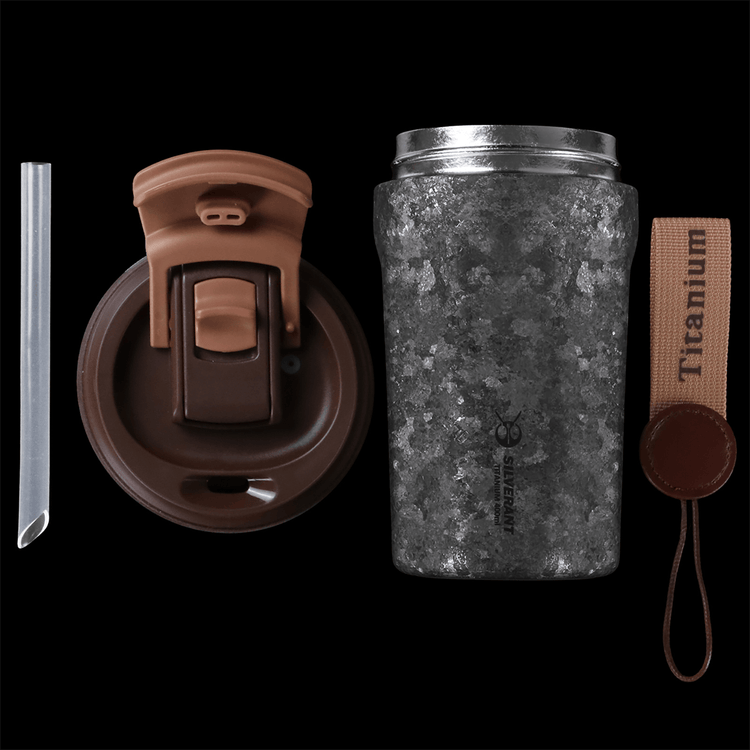 
                  
                    SilverAnt Ultralight Crystallized Titanium Insulated Travel Coffee Mug with Lid 400ml/14 fl oz Black Crystallized - All parts laid down on black background, top aerial view
                  
                