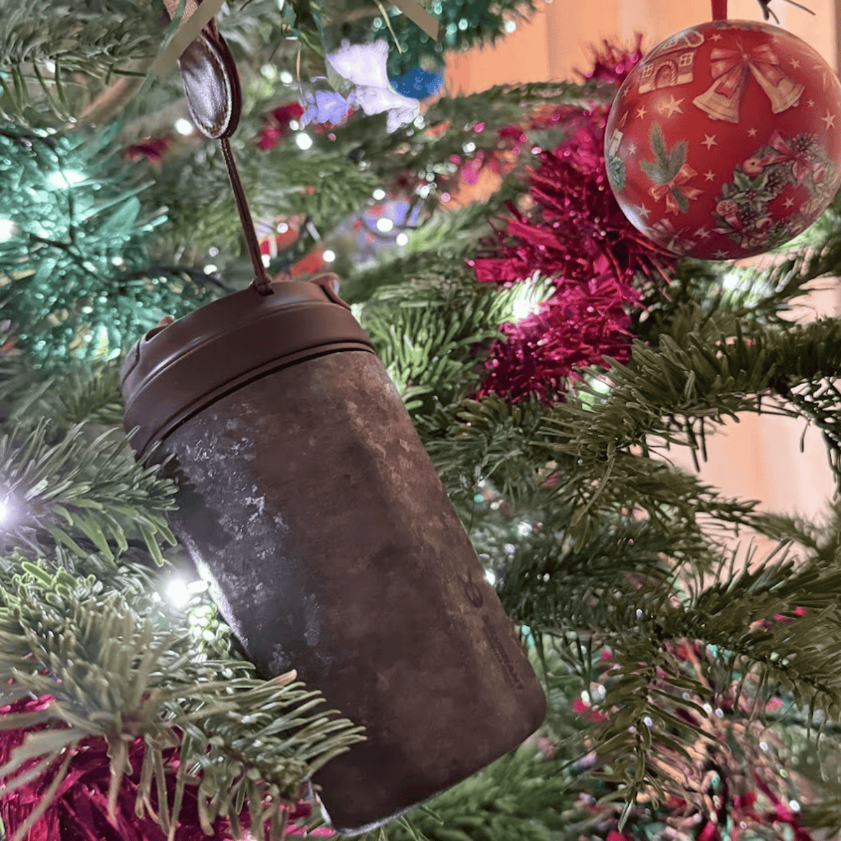 SilverAnt Ultralight Crystallized Titanium Insulated Travel Coffee Mug with Lid 400ml/14 fl oz Black Crystallized - Actual product photo, hung on a Christmas tree