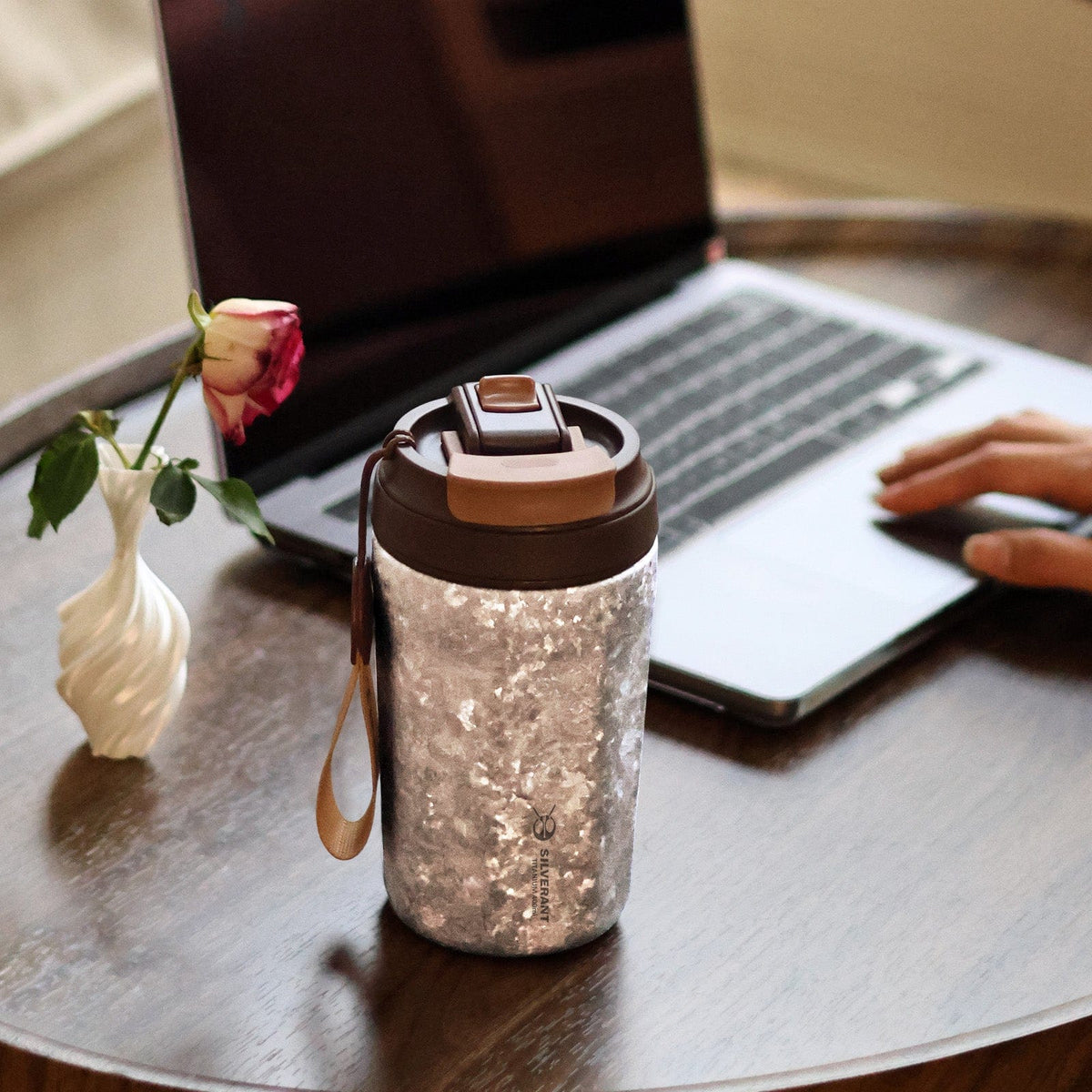 SilverAnt Ultralight Crystallized Titanium Insulated Travel Coffee Mug with Lid 400ml/14 fl oz Classic Silver - Actual product photo, lifestyle shot, real life use, placed on desk while working in the background