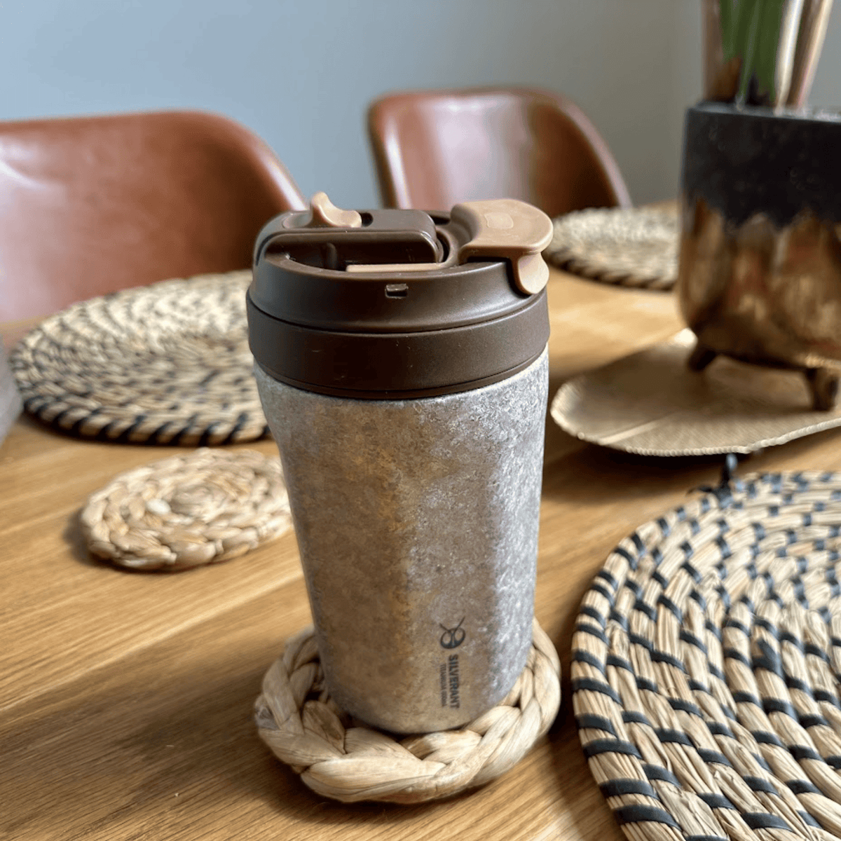 SilverAnt Ultralight Crystallized Titanium Insulated Travel Coffee Mug with Lid 400ml/14 fl oz Classic Silver - Actual product photo, real life still, on a table, lifestyle shot