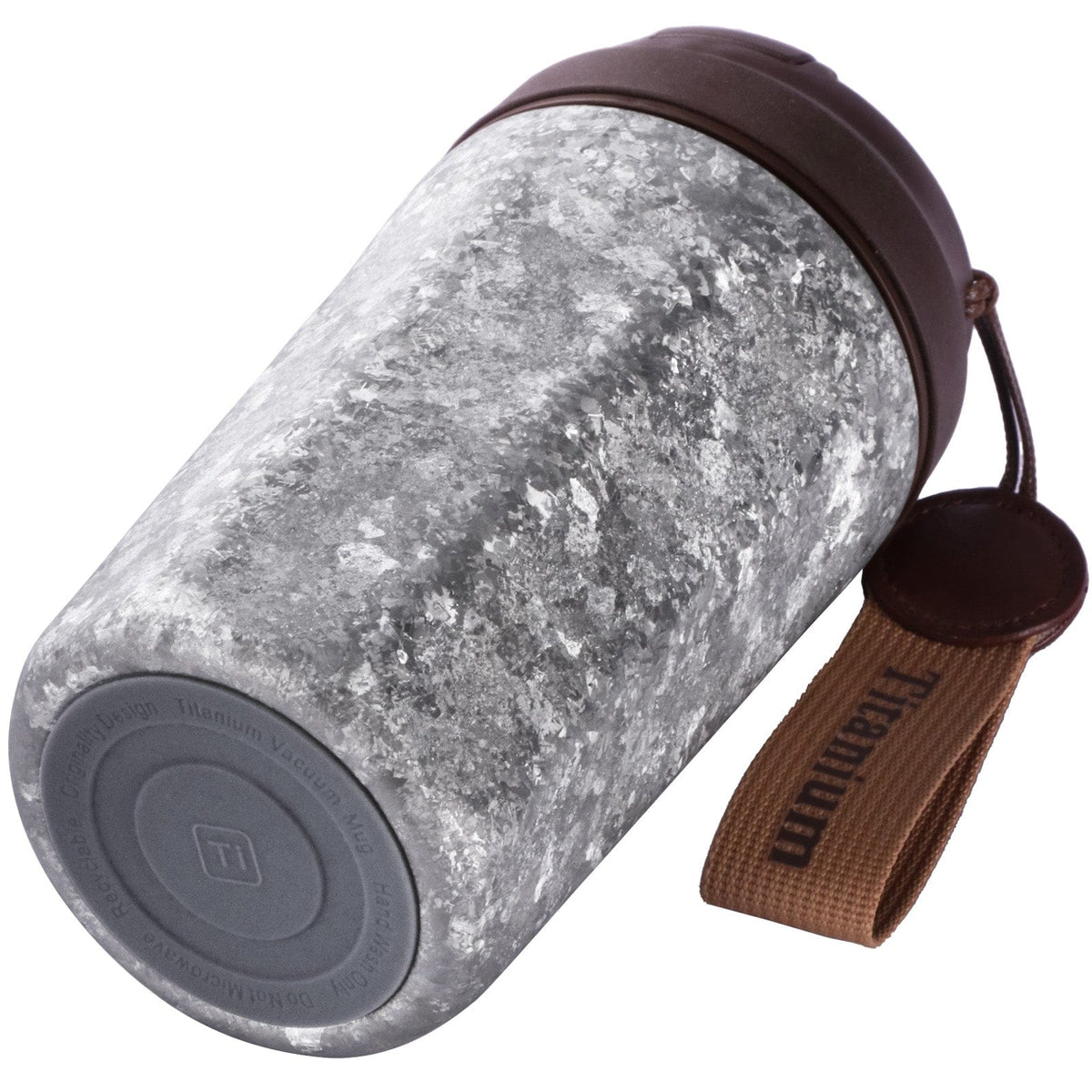 SilverAnt Ultralight Crystallized Titanium Insulated Travel Coffee Mug with Lid 400ml/14 fl oz Classic Silver - Laid down on its side, bottom shown