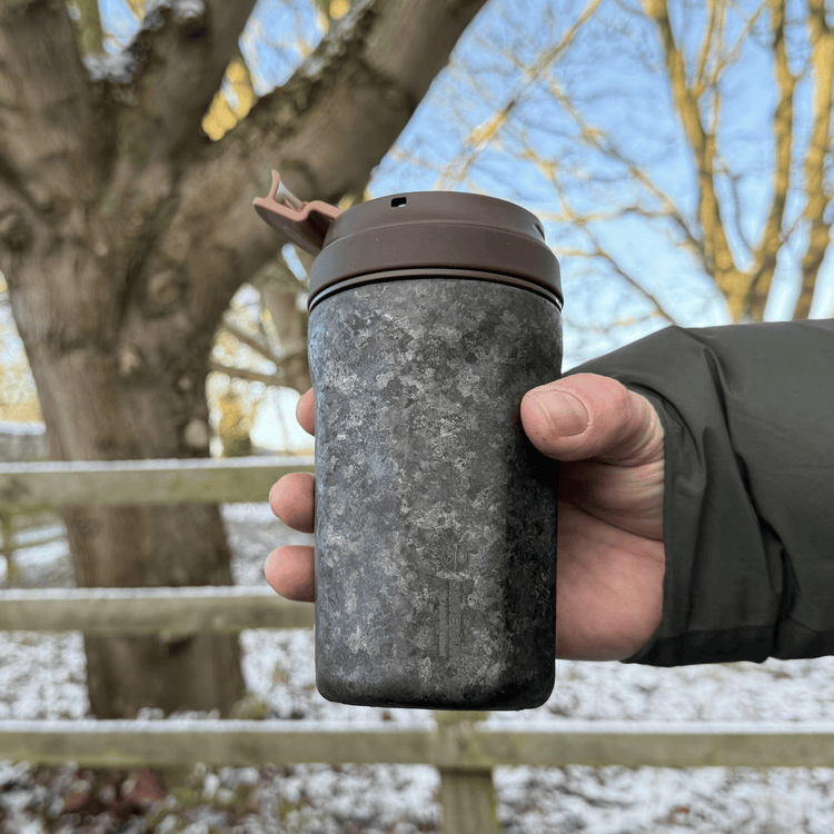 
                  
                    SilverAnt Ultralight Crystallized Titanium Insulated Travel Coffee Mug with Lid 400ml/14 fl oz Black Crystallized - Actual product photo, on hand, real life still, lifestyle shot, winter camping
                  
                