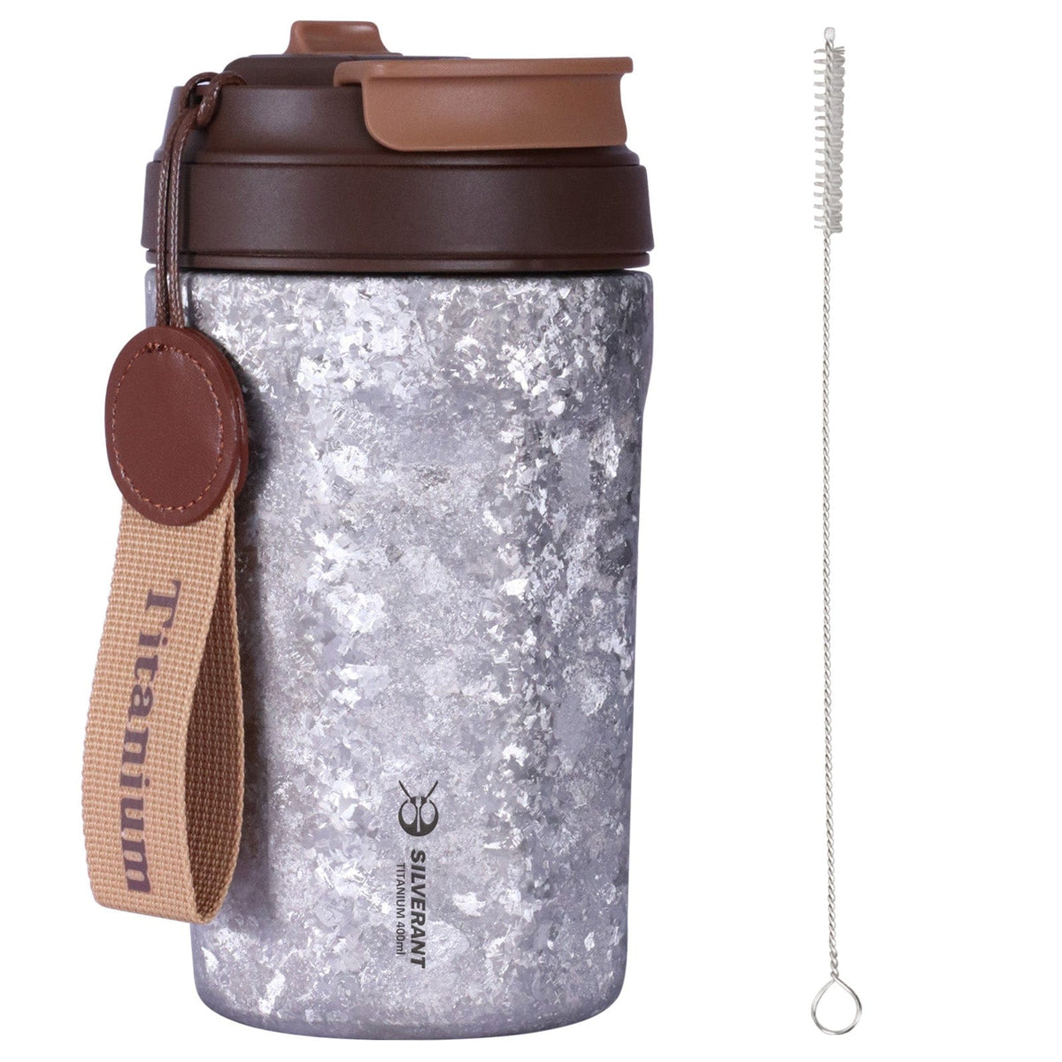 SilverAnt Ultralight Crystallized Titanium Insulated Travel Coffee Mug with Lid 400ml/14 fl oz Classic Silver - With free straw cleaner