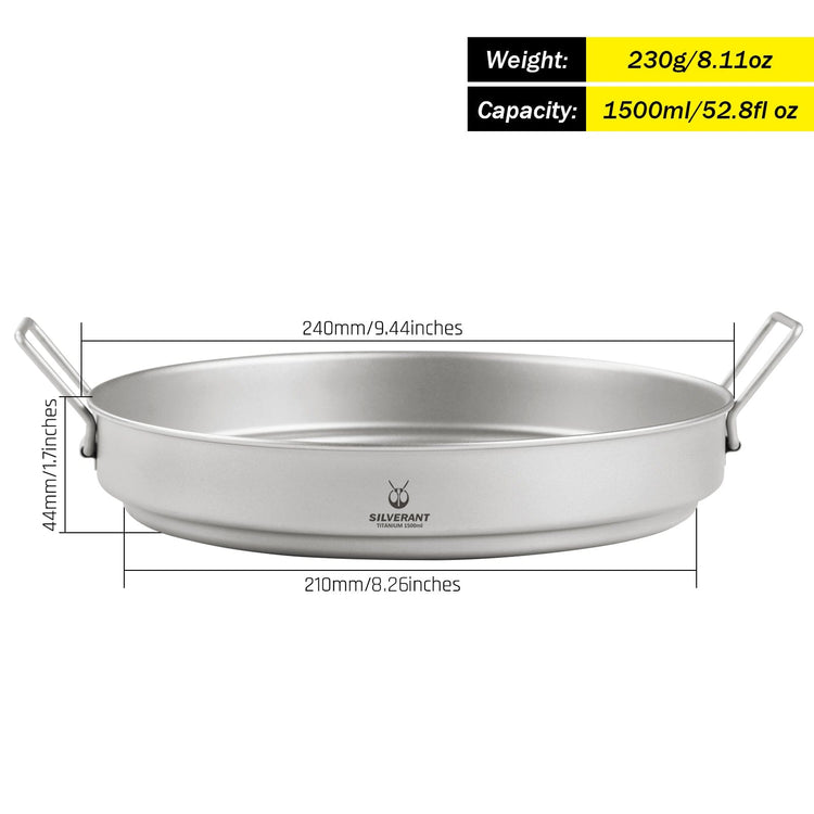 
                  
                    SilverAnt Ultralight Extra Large 2-Piece Titanium Camping Cookware Set With Hanger - SilverAnt Titanium Frying Pan with Hanging Handles -1500ml/52.8 fl oz with weight, dimensions, and capacity
                  
                