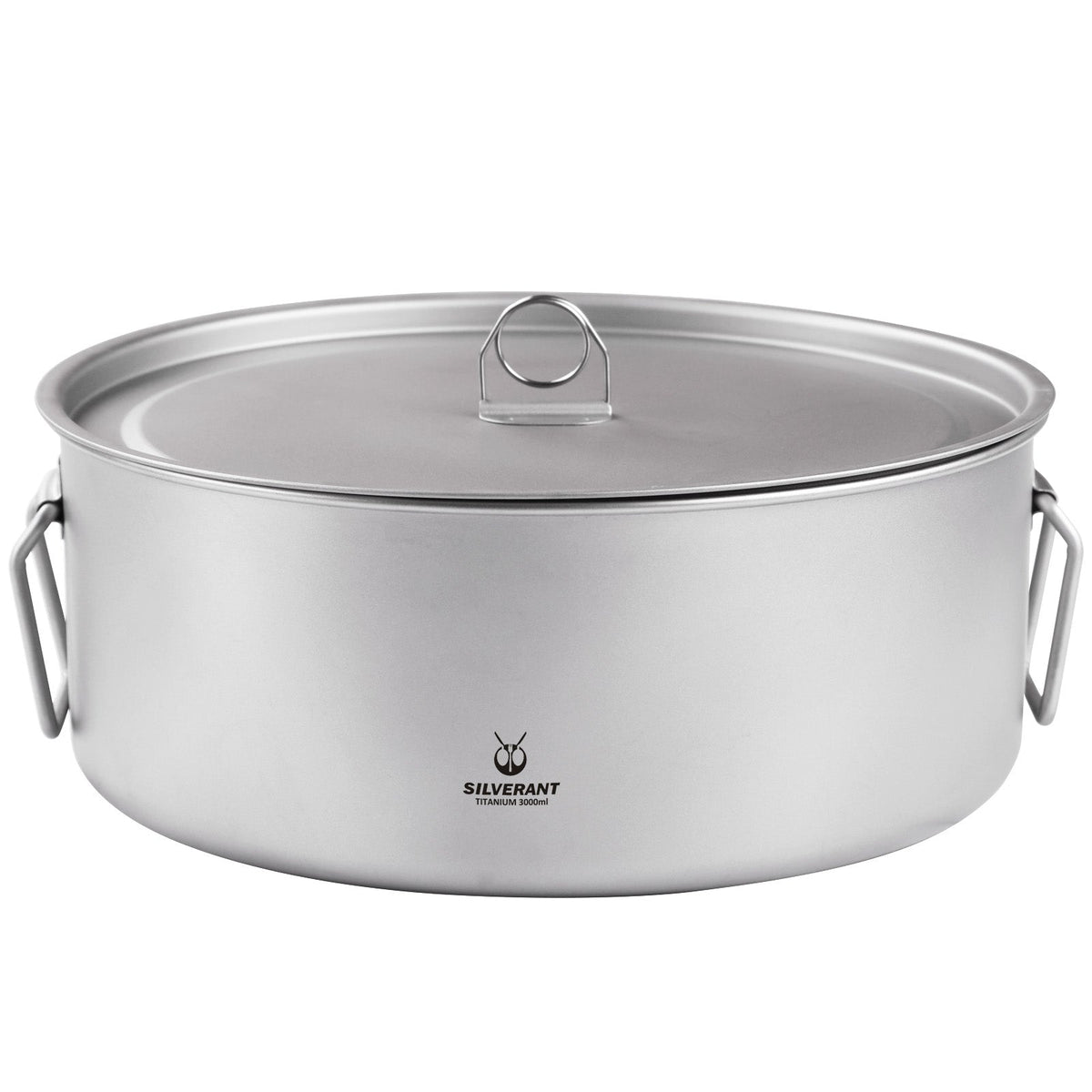 SilverAnt Ultralight Extra Large 2-Piece Titanium Camping Cookware Set With Hanger - Titanium Camping Pot with Hanging Handles & Lid – 3000ml / 105.6 fl oz (front view, sandblasted finish, SilverAnt branding)
