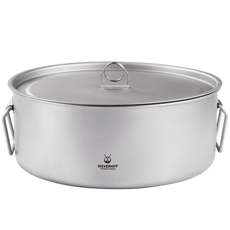 
                  
                    SilverAnt Ultralight Extra Large 2-Piece Titanium Camping Cookware Set With Hanger - Titanium Camping Pot with Hanging Handles & Lid – 3000ml / 105.6 fl oz (front view, sandblasted finish, SilverAnt branding)
                  
                