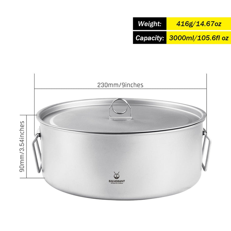
                  
                    SilverAnt Ultralight Extra Large 2-Piece Titanium Camping Cookware Set With Hanger - Titanium Camping Pot with Hanging Handles & Lid – 3000ml / 105.6 fl oz (with weight, dimensions, and capacity)
                  
                