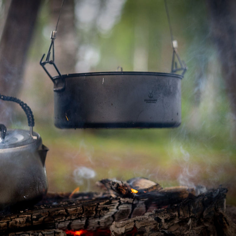 
                  
                    SilverAnt Ultralight Extra Large 2-Piece Titanium Camping Cookware Set With Hanger - In-Use (Hanging pot over fire)
                  
                