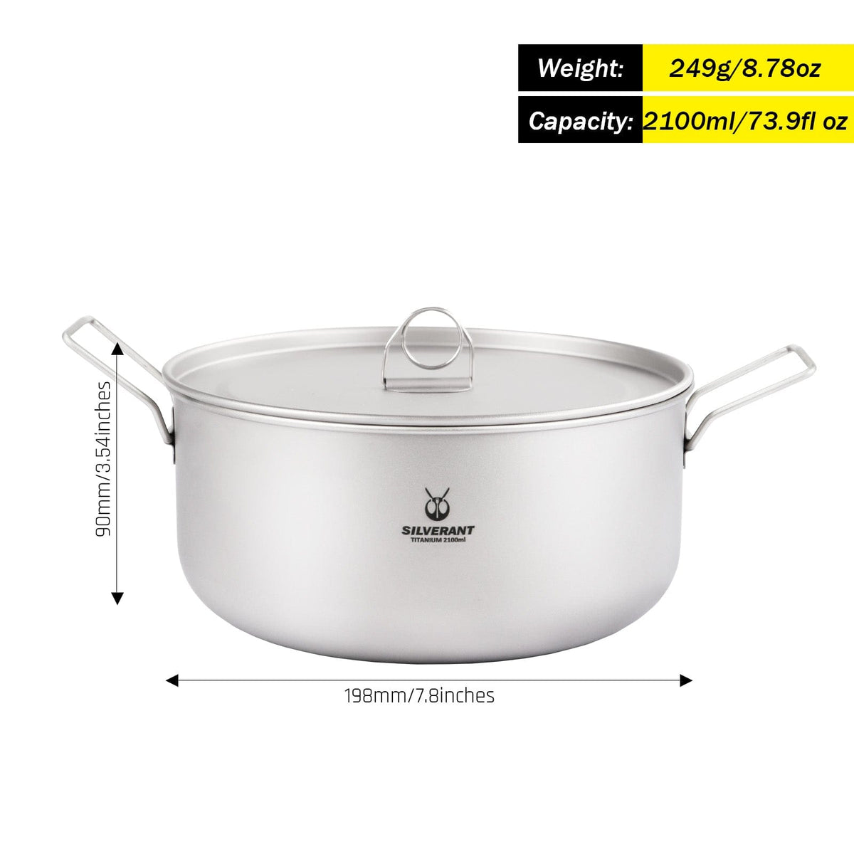 SilverAnt Ultralight Large 2-Piece Titanium Pot & Pan Camping Cookware Set - Titanium Camping Pot With Lid 2100ml/73.9 fl oz with dimensions