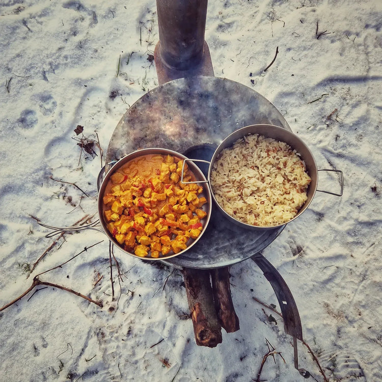 
                  
                    SilverAnt Ultralight Large 2-Piece Titanium Pot & Pan Camping Cookware Set - In-Use (Winter camping, cooking rice, curry, stew, wood stove)
                  
                