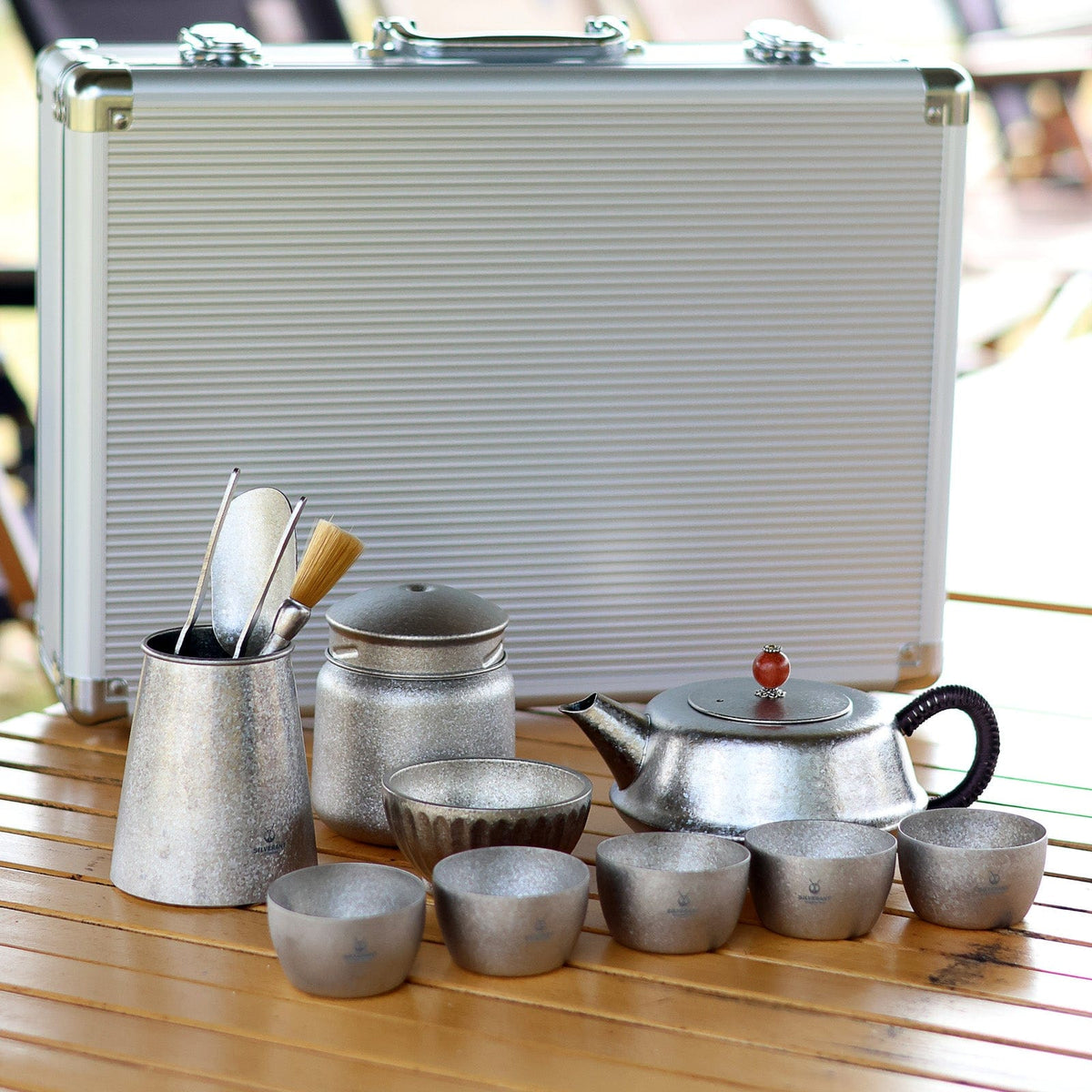 SilverAnt Ultralight Large Crystallized Titanium Travel Tea Set - Actual product photo, lifestyle shot, full set