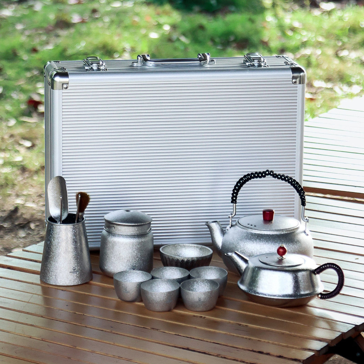 SilverAnt Ultralight Large Crystallized Titanium Travel Tea Set Complete Tea Ceremony Set (actual product photo, real-life use, lifestyle shot)