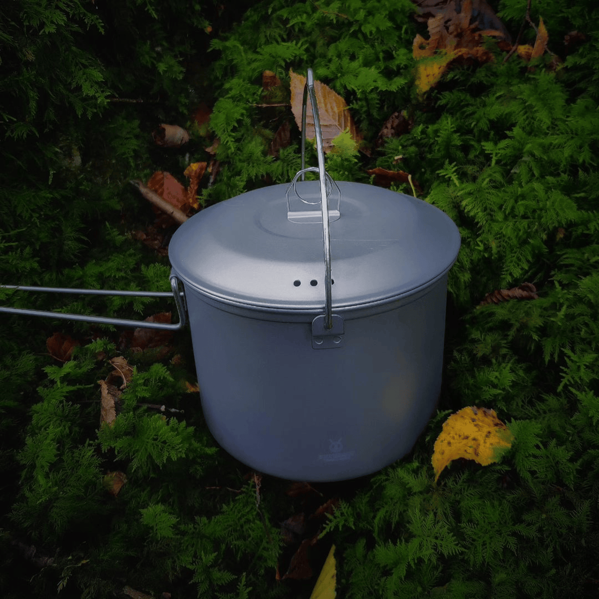 SilverAnt Ultralight Large Titanium Camping Pot with Lid & Bail Handle 2L/67.63 fl oz - In-Use (Outdoors setting, placed in grass, laid out)