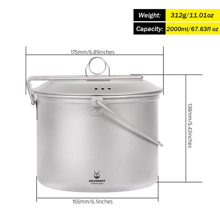 SilverAnt Ultralight Large Titanium Camping Pot with Lid & Bail Handle 2L/67.63 fl oz - with weight, dimensions, and capacity