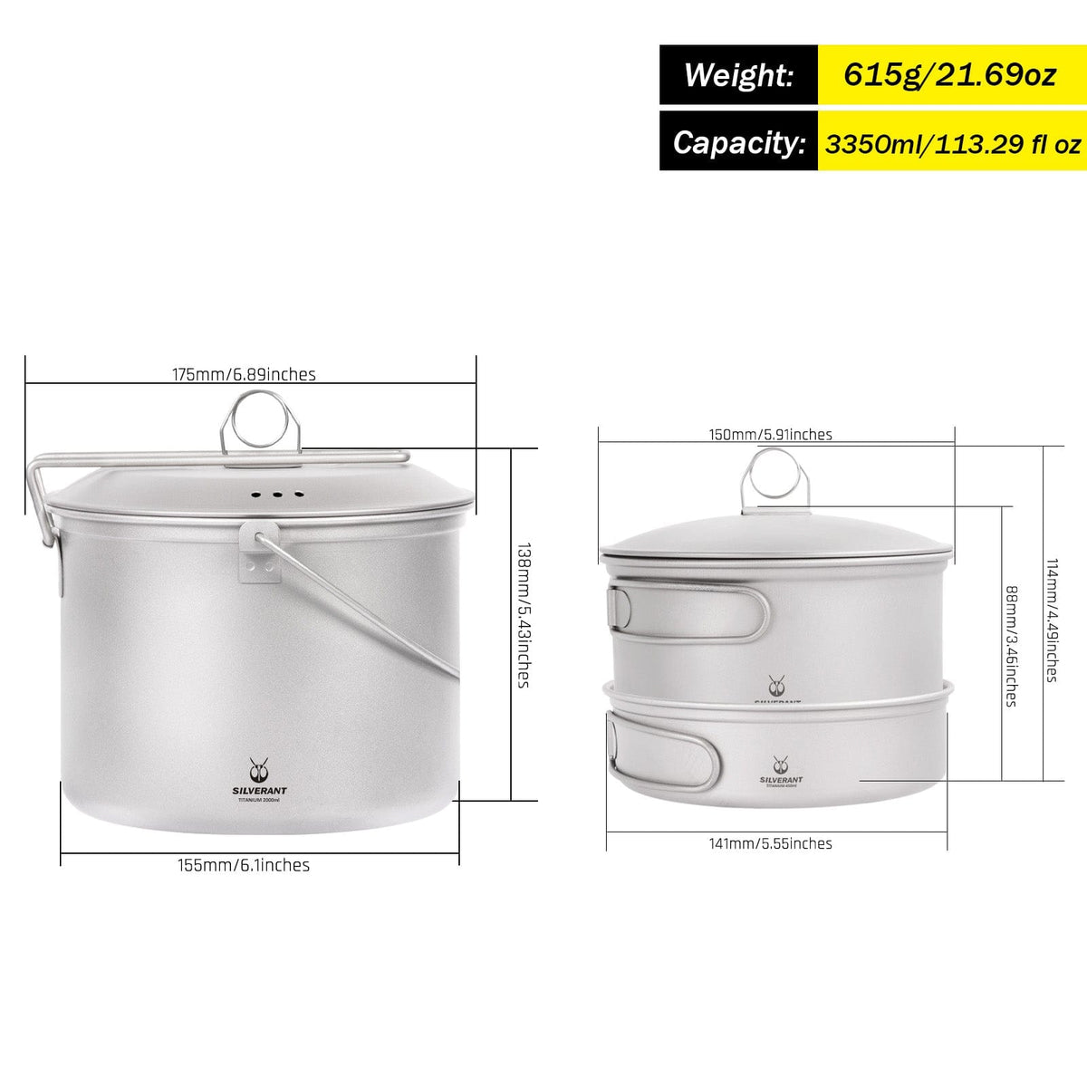 SilverAnt Ultralight 3-Piece Titanium Cookware Set with weight, dimensions, and capacity