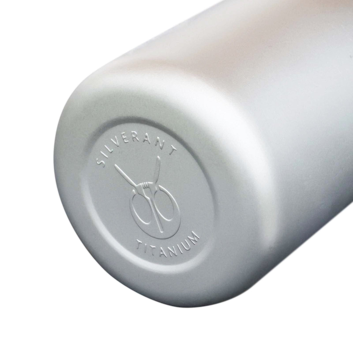 SilverAnt Ultralight Large Titanium Water Bottle (Wide Mouth) - bottom of bottle, SilverAnt logo engraved