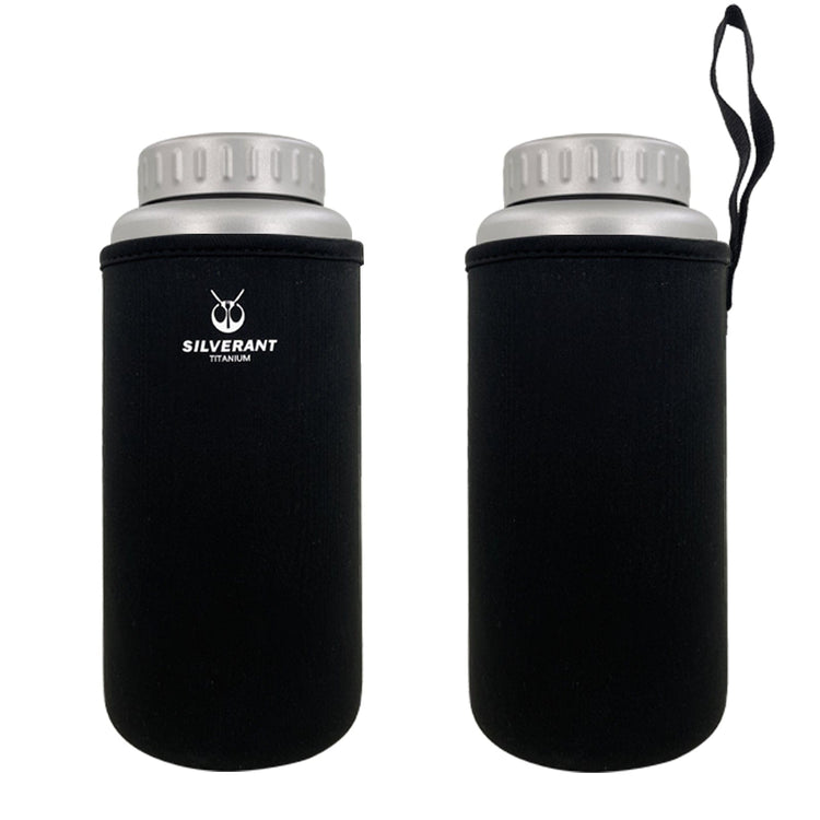 
                  
                    SilverAnt Ultralight Large Titanium Water Bottle (Wide Mouth) - 1200ml size with thermal sleeve, back and front
                  
                