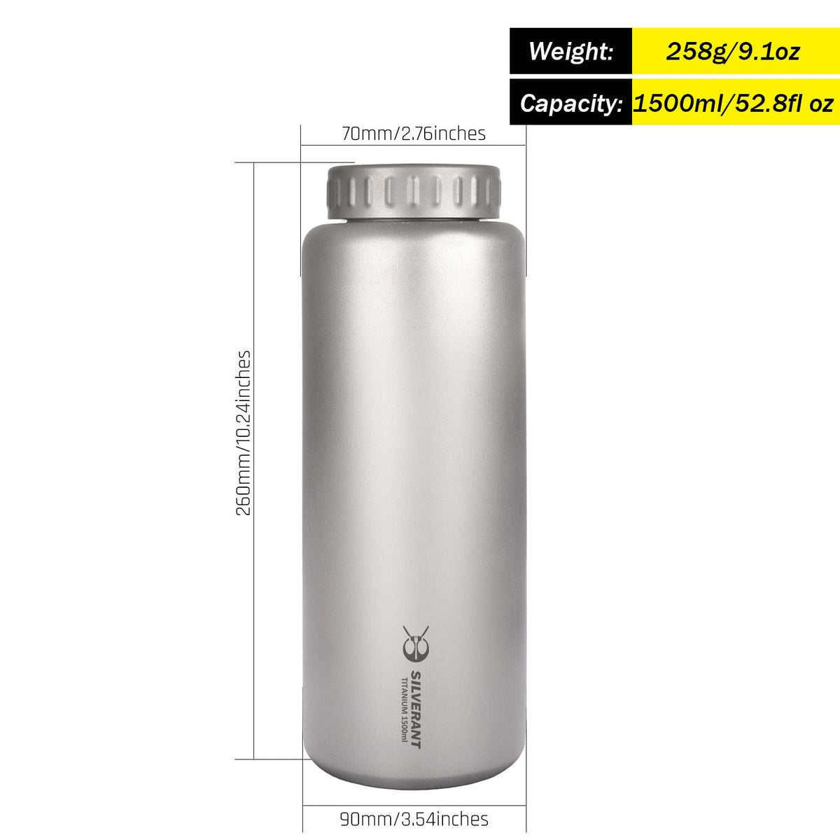 SilverAnt Ultralight Large Titanium Water Bottle (Wide Mouth) - 1500ml/52.8fl oz weight, dimensions, and capacity