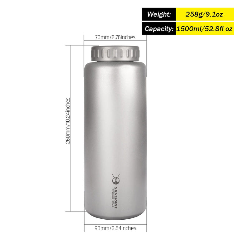 SilverAnt Ultralight Large Titanium Water Bottle (Wide Mouth) - 1500ml/52.8fl oz weight, dimensions, and capacity