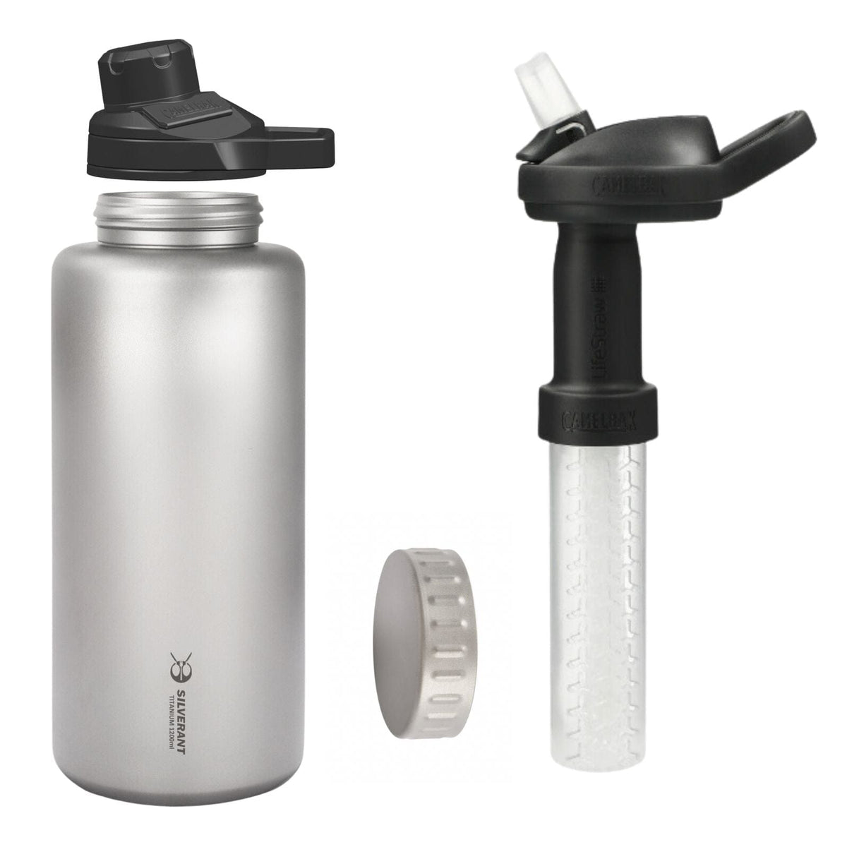 SilverAnt Ultralight Large Titanium Water Bottle (Wide Mouth) - showing compatibility with Camelbak plastic lids/straw