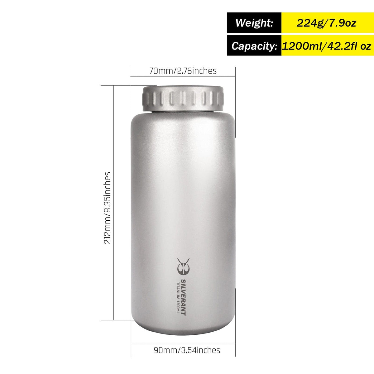 SilverAnt Ultralight Large Titanium Water Bottle (Wide Mouth) 1200ml/42.2 fl oz - weight, dimensions, and capacity