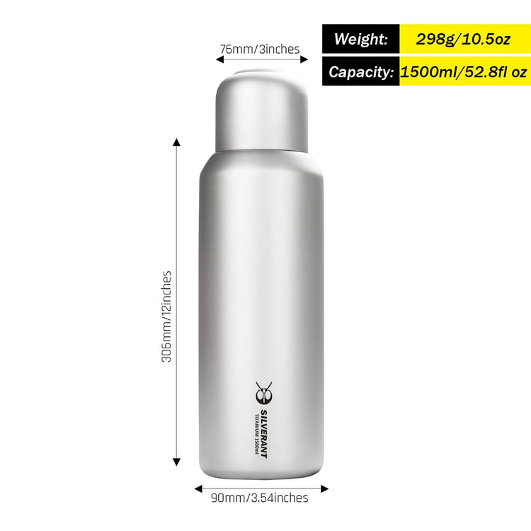 
                  
                    SilverAnt Ultralight Large Titanium Water Bottle With Titanium Cup - 1500ml/52.8fl oz (with weight, dimensions, and capacity)
                  
                