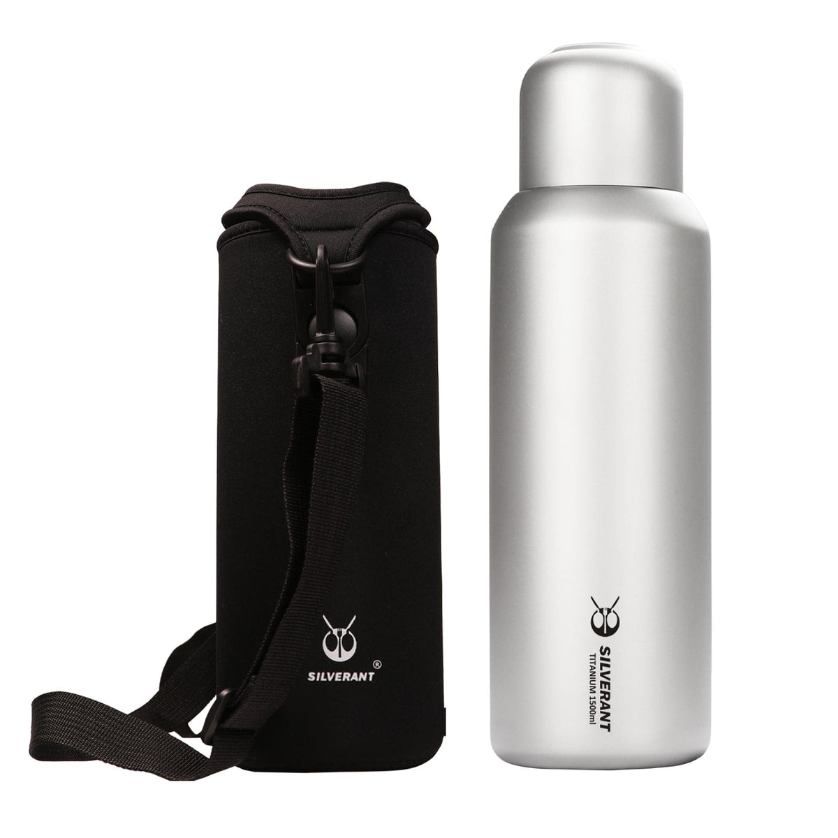 SilverAnt Ultralight Large Titanium Water Bottle With Titanium Cup - 1500ml (with black thermal carry sleeve)