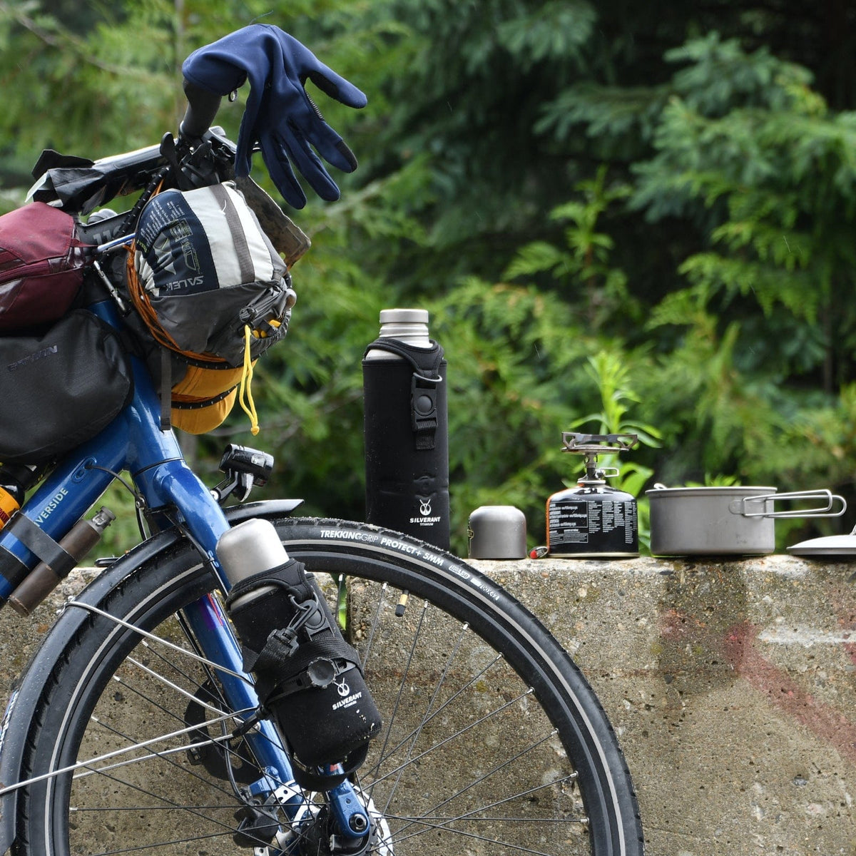 SilverAnt Ultralight Large Titanium Water Bottle With Titanium Cup - In-Use (Actual product photo, lifestyle shot, bike, bikepacking, camping, outdoors, unscrewed)