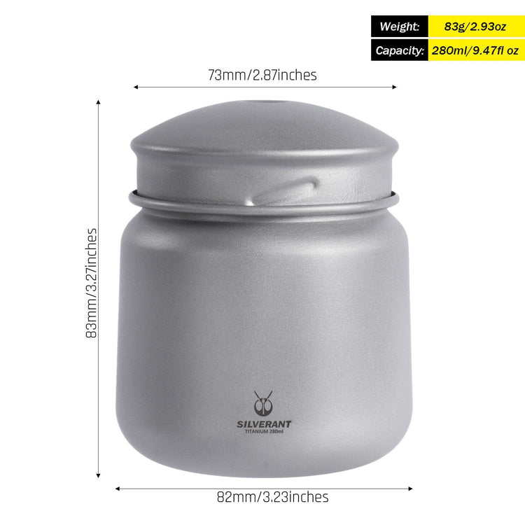 SilverAnt Ultralight Leakproof Titanium Container 280ml / 9.47 fl oz Sandblasted (weight, dimensions, and capacity)