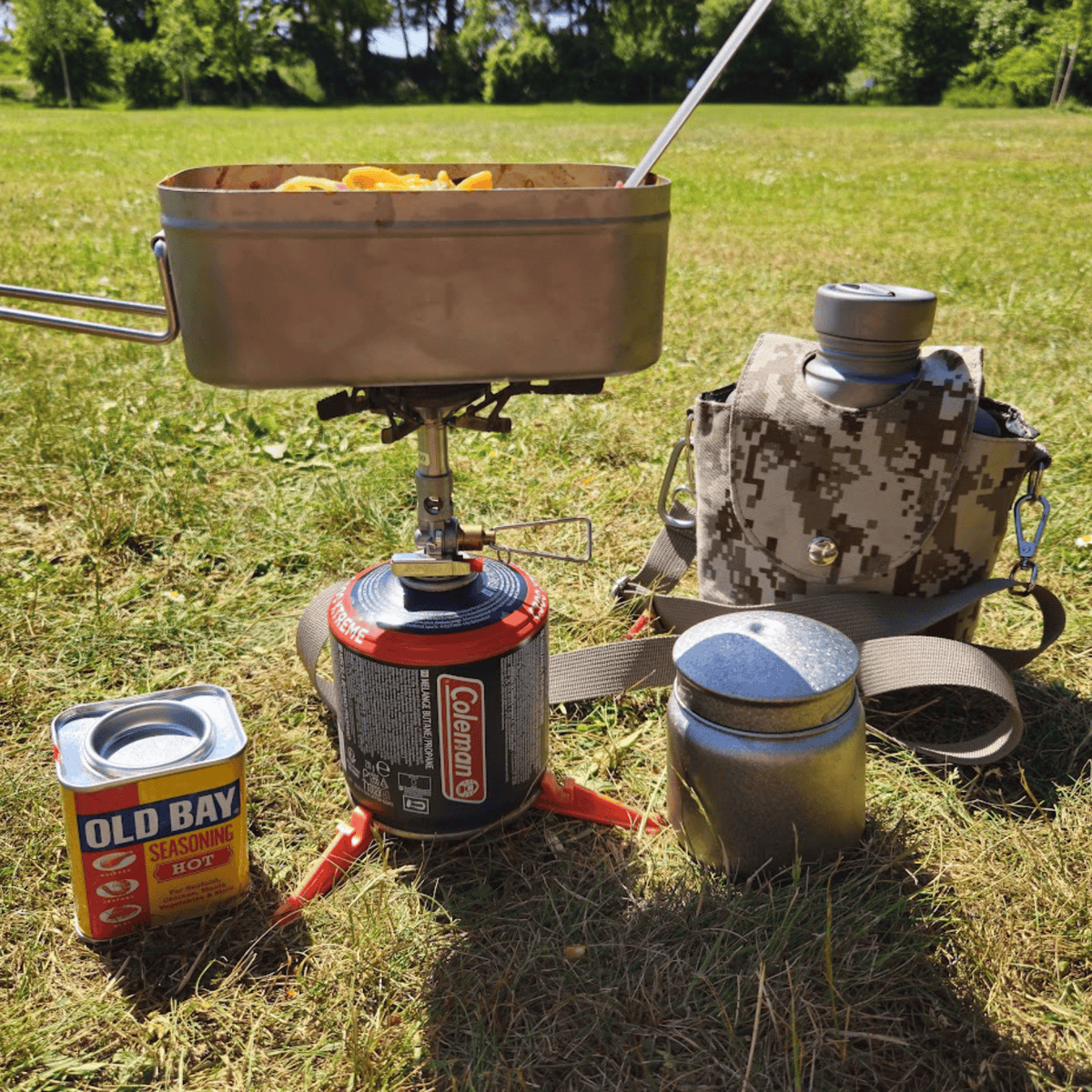 SilverAnt Ultralight Leakproof Titanium Container 280ml / 9.47 fl oz Crystallized - actual product photo, placed down on the grassy ground with other camp kitchen gear