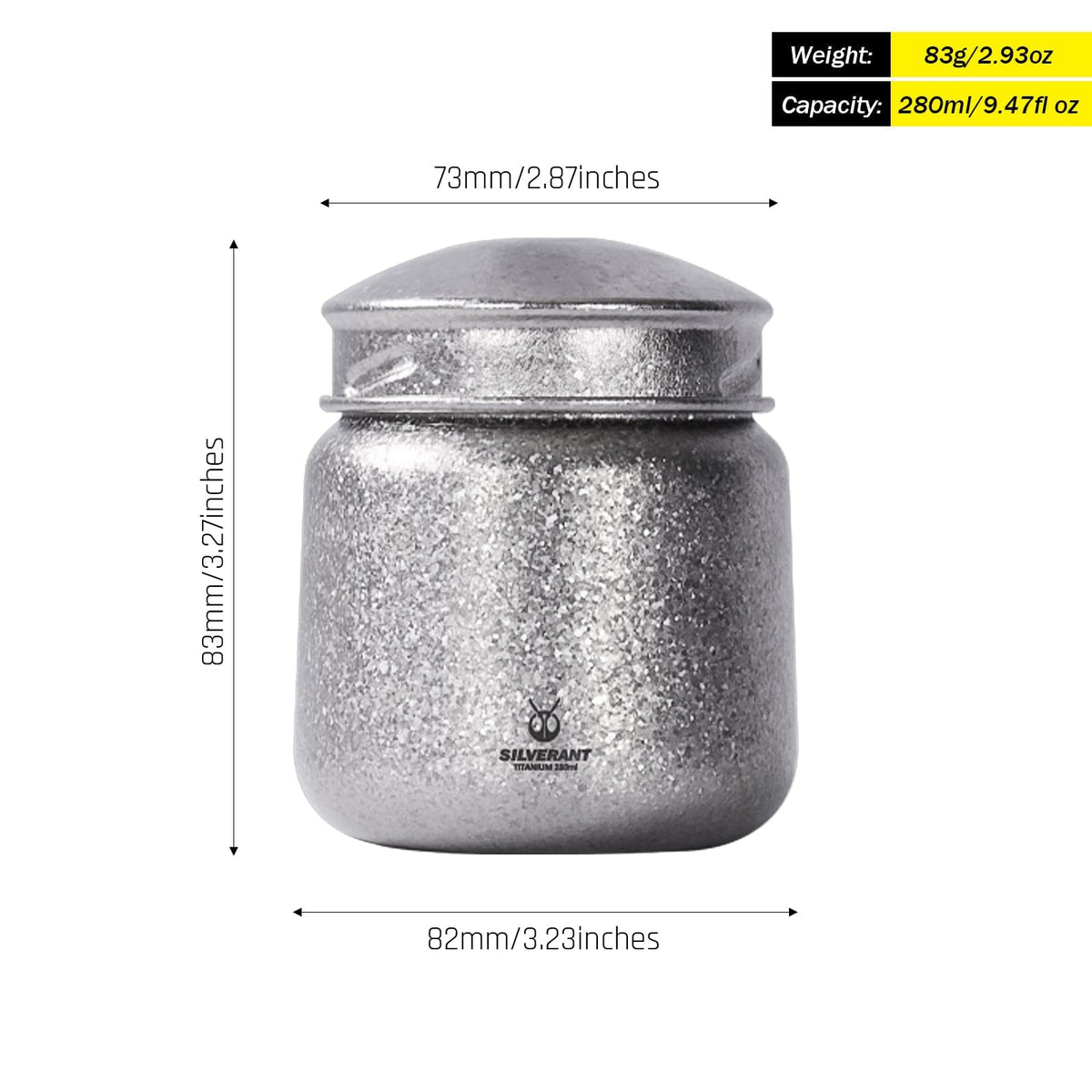 SilverAnt Ultralight Leakproof Titanium Container 280ml / 9.47 fl oz Crystallized (weight, dimensions, and capacity)