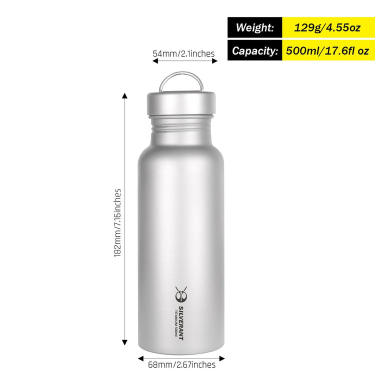 SilverAnt Ultralight Round Titanium Water Bottle - 500ml size with weight, dimensions, and capacity