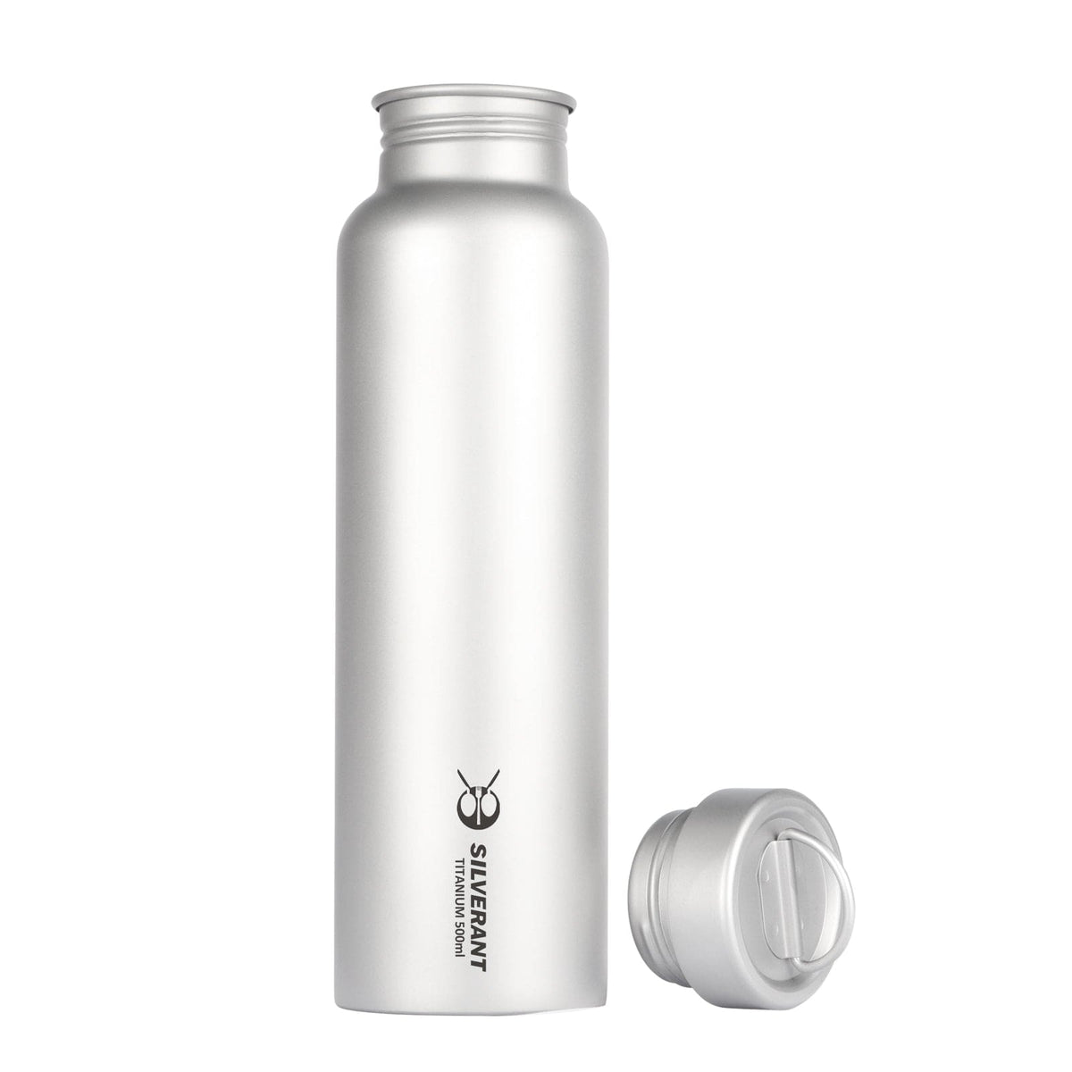 SilverAnt Ultralight Round Titanium Water Bottle - 500ml lid unscrewed, white background